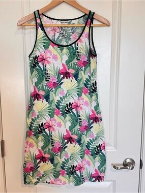Tommy Bahama Sleeveless Pink Black Green Floral Dress Cotton Beach Vacation